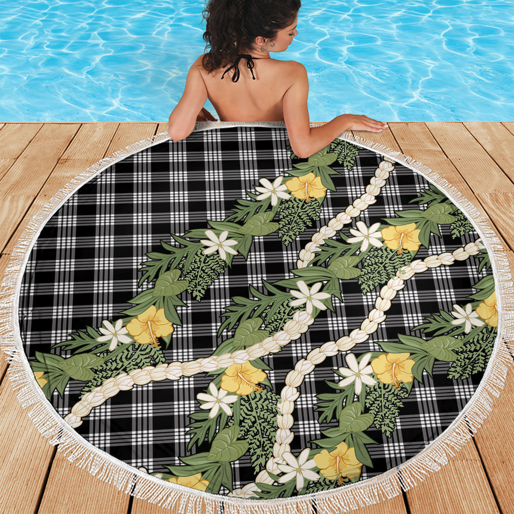 Aloha Puakenikeni Anthurium Pikake Lei Beach Blanket Black Hawaiian Palaka Pattern LT9 - Polynesian Pride
