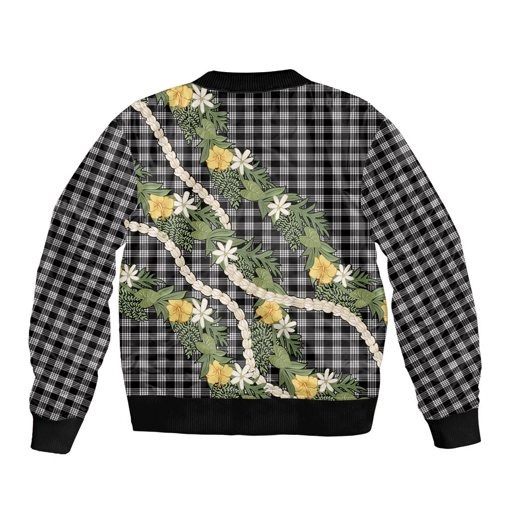 Aloha Puakenikeni Anthurium Pikake Lei Bomber Jacket Black Hawaiian Palaka Pattern LT9 - Polynesian Pride