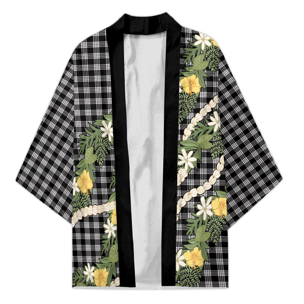 Aloha Puakenikeni Anthurium Pikake Lei Kimono Black Hawaiian Palaka Pattern LT9 Unisex Black - Polynesian Pride