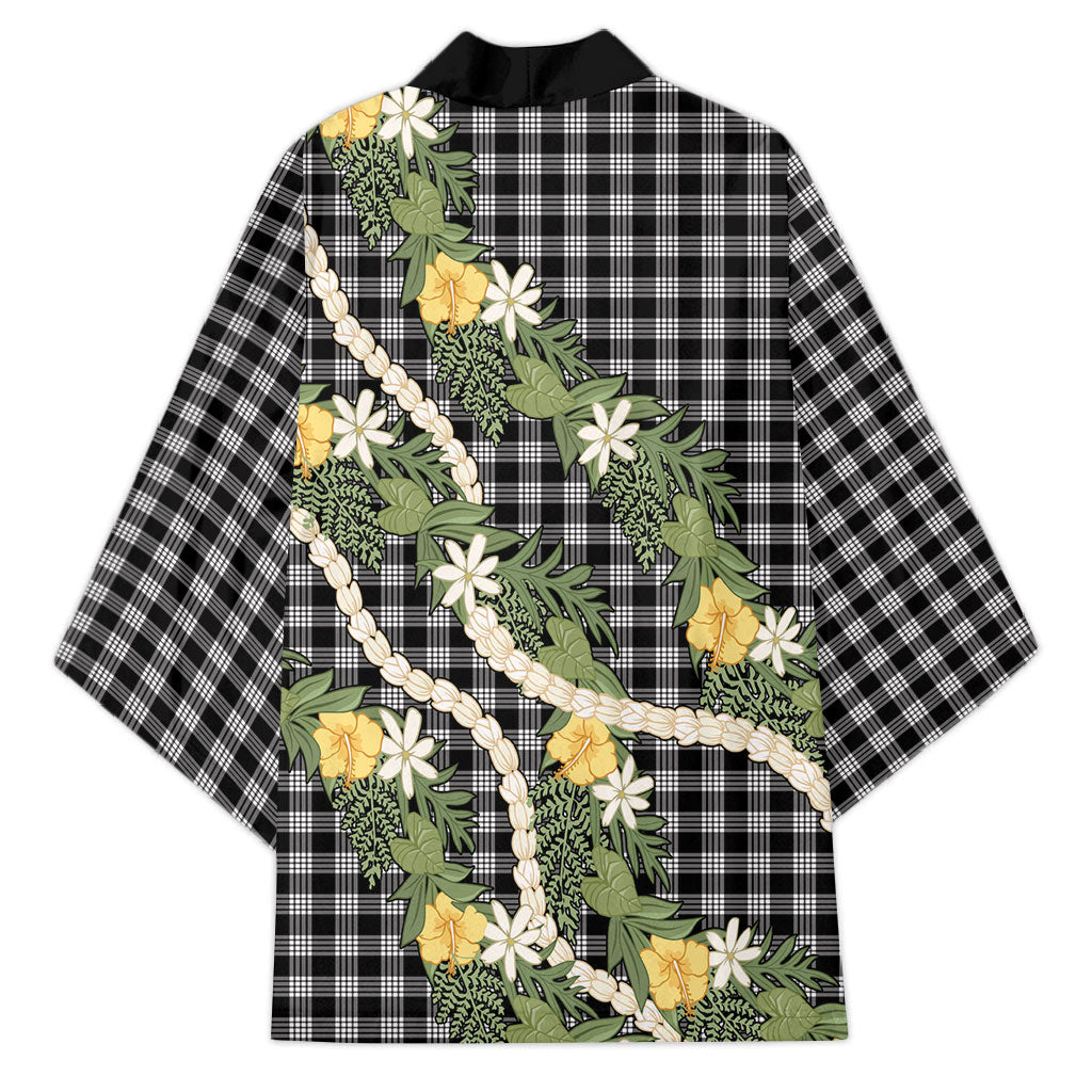 Aloha Puakenikeni Anthurium Pikake Lei Kimono Black Hawaiian Palaka Pattern LT9 - Polynesian Pride