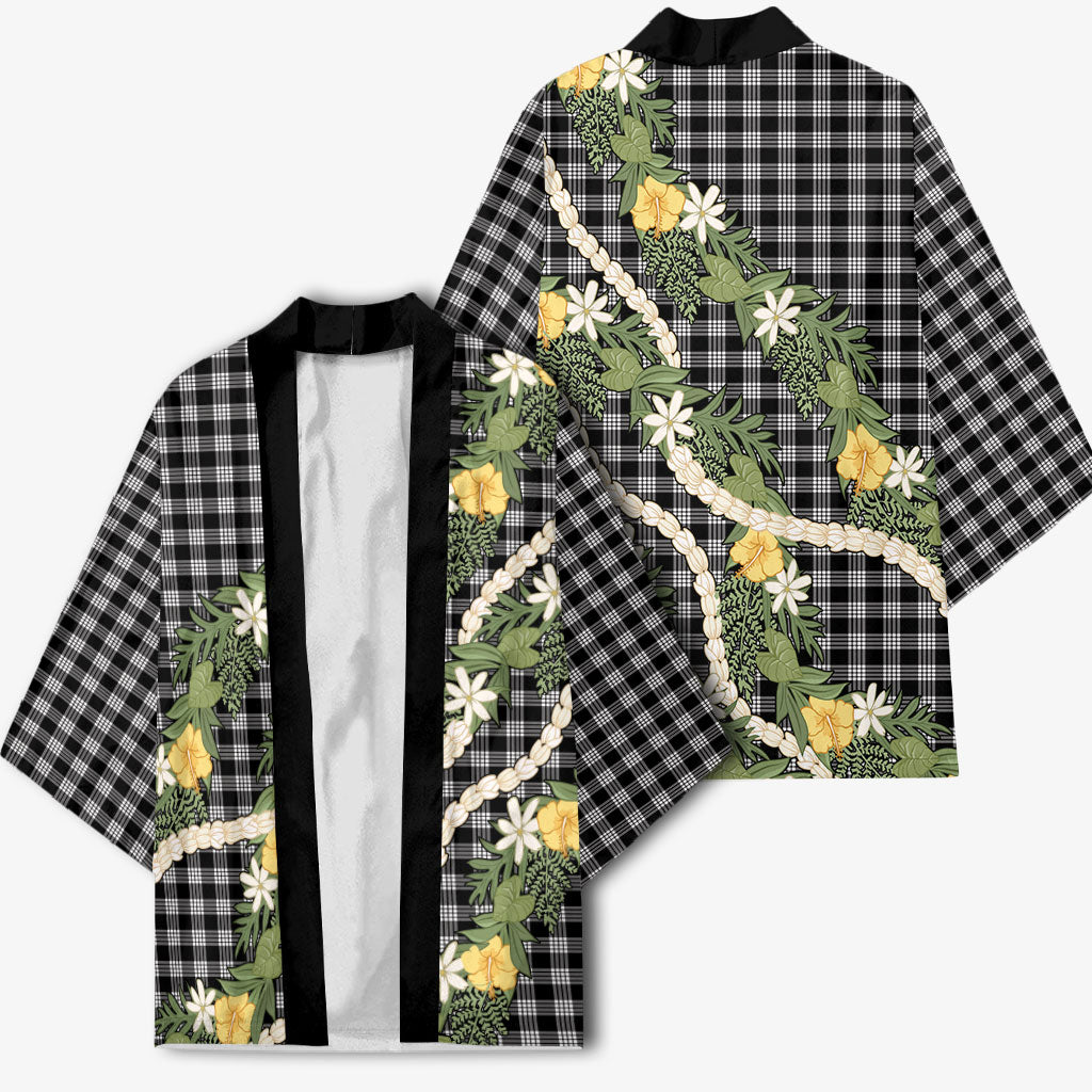 Aloha Puakenikeni Anthurium Pikake Lei Kimono Black Hawaiian Palaka Pattern LT9 - Polynesian Pride