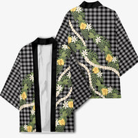 Aloha Puakenikeni Anthurium Pikake Lei Kimono Black Hawaiian Palaka Pattern LT9 - Polynesian Pride