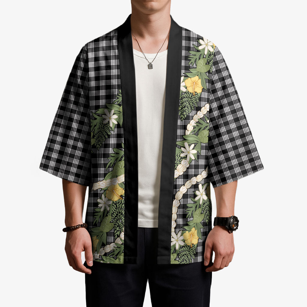 Aloha Puakenikeni Anthurium Pikake Lei Kimono Black Hawaiian Palaka Pattern LT9 - Polynesian Pride