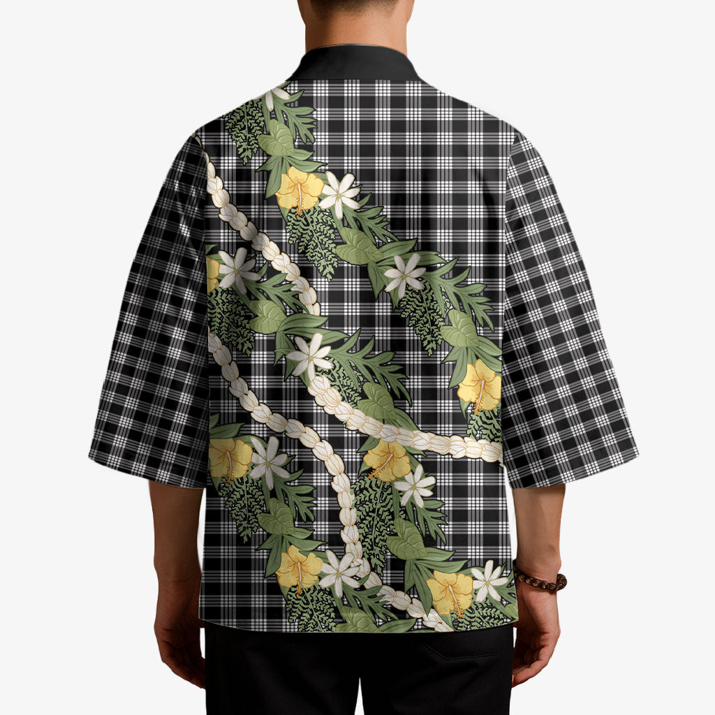 Aloha Puakenikeni Anthurium Pikake Lei Kimono Black Hawaiian Palaka Pattern LT9 - Polynesian Pride