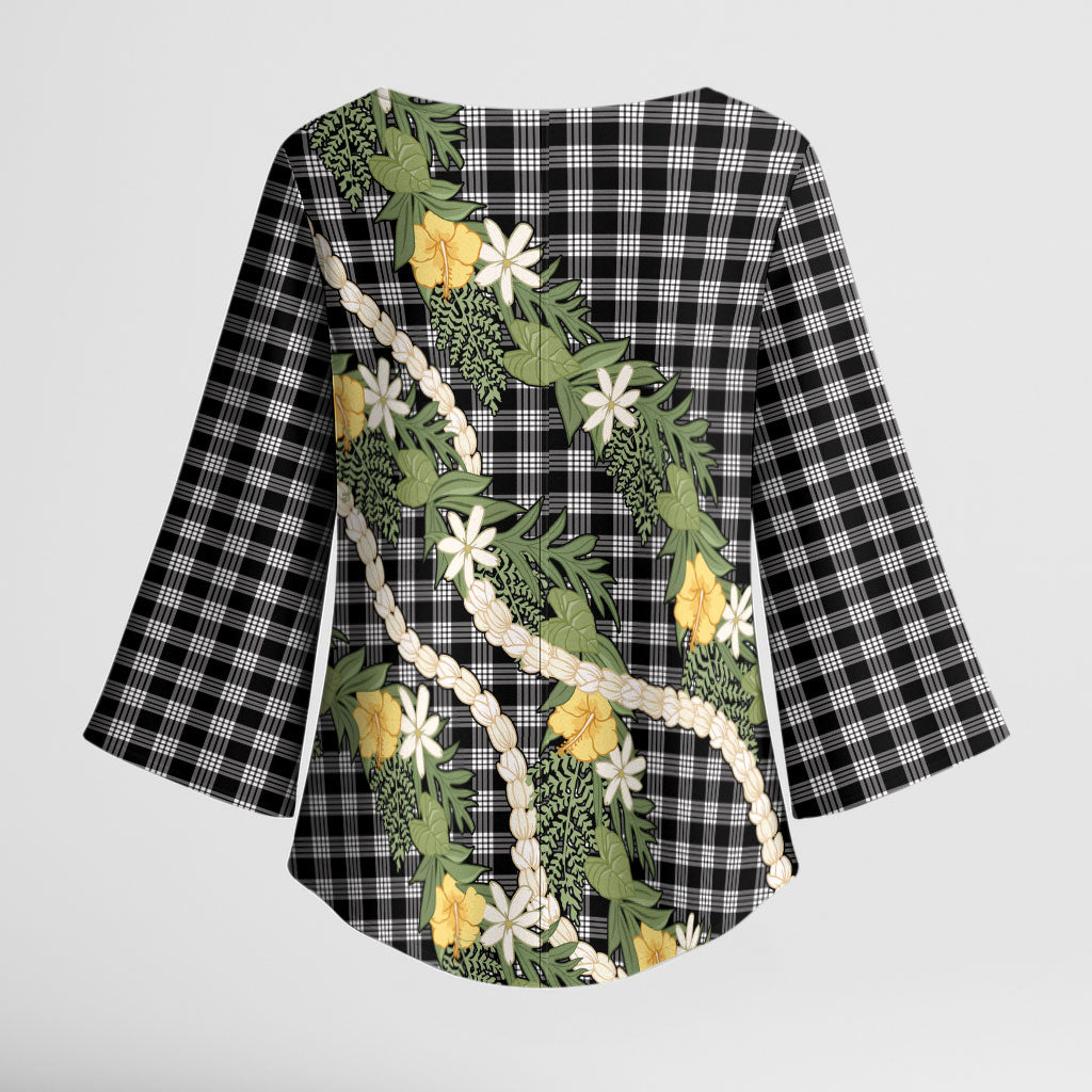 Aloha Puakenikeni Anthurium Pikake Lei Kimono Sleeve Blouse Black Hawaiian Palaka Pattern LT9 - Polynesian Pride