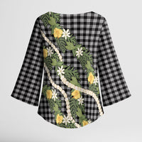 Aloha Puakenikeni Anthurium Pikake Lei Kimono Sleeve Blouse Black Hawaiian Palaka Pattern LT9 - Polynesian Pride