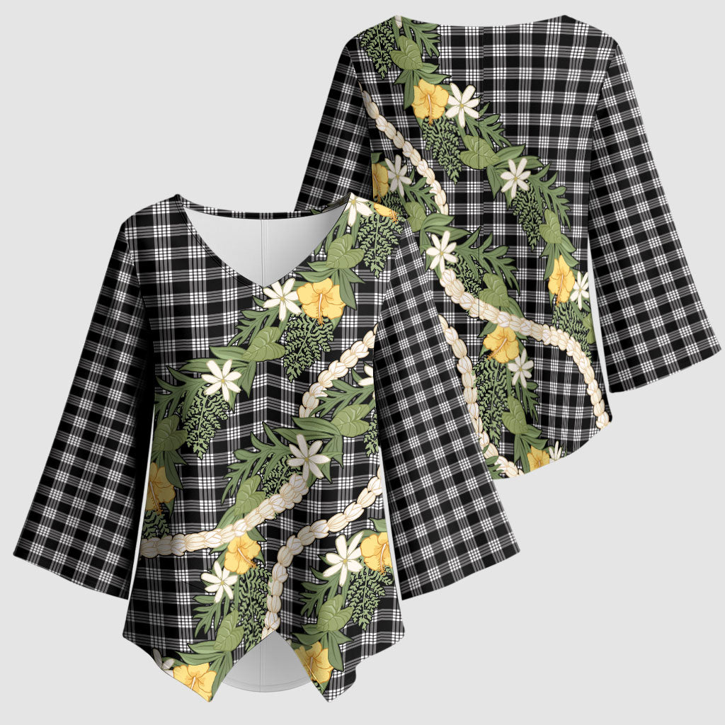 Aloha Puakenikeni Anthurium Pikake Lei Kimono Sleeve Blouse Black Hawaiian Palaka Pattern LT9 - Polynesian Pride