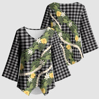Aloha Puakenikeni Anthurium Pikake Lei Kimono Sleeve Blouse Black Hawaiian Palaka Pattern LT9 - Polynesian Pride