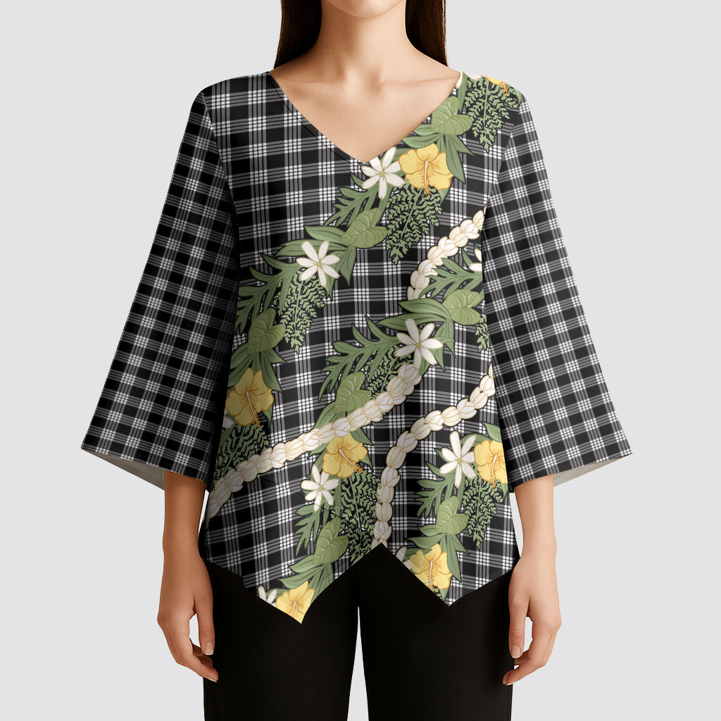 Aloha Puakenikeni Anthurium Pikake Lei Kimono Sleeve Blouse Black Hawaiian Palaka Pattern LT9 - Polynesian Pride