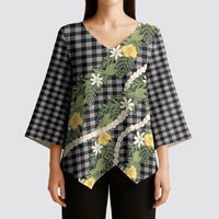 Aloha Puakenikeni Anthurium Pikake Lei Kimono Sleeve Blouse Black Hawaiian Palaka Pattern LT9 - Polynesian Pride