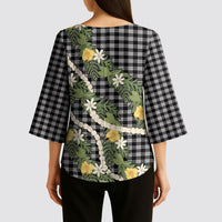 Aloha Puakenikeni Anthurium Pikake Lei Kimono Sleeve Blouse Black Hawaiian Palaka Pattern LT9 - Polynesian Pride