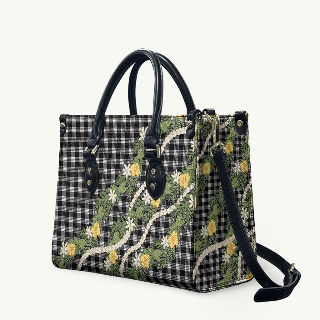 Aloha Puakenikeni Anthurium Pikake Lei Leather Bag Black Hawaiian Palaka Pattern LT9 Black - Polynesian Pride