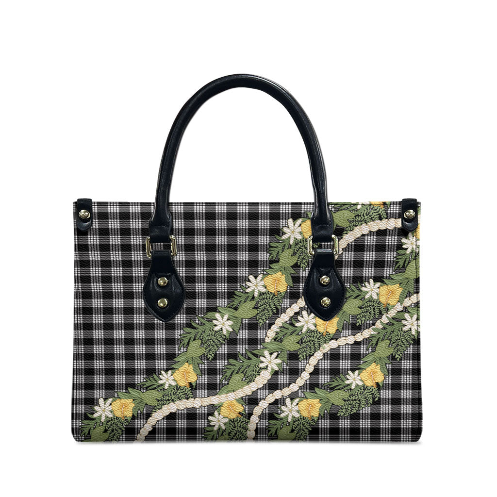 Aloha Puakenikeni Anthurium Pikake Lei Leather Bag Black Hawaiian Palaka Pattern LT9 - Polynesian Pride