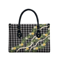 Aloha Puakenikeni Anthurium Pikake Lei Leather Bag Black Hawaiian Palaka Pattern LT9 - Polynesian Pride