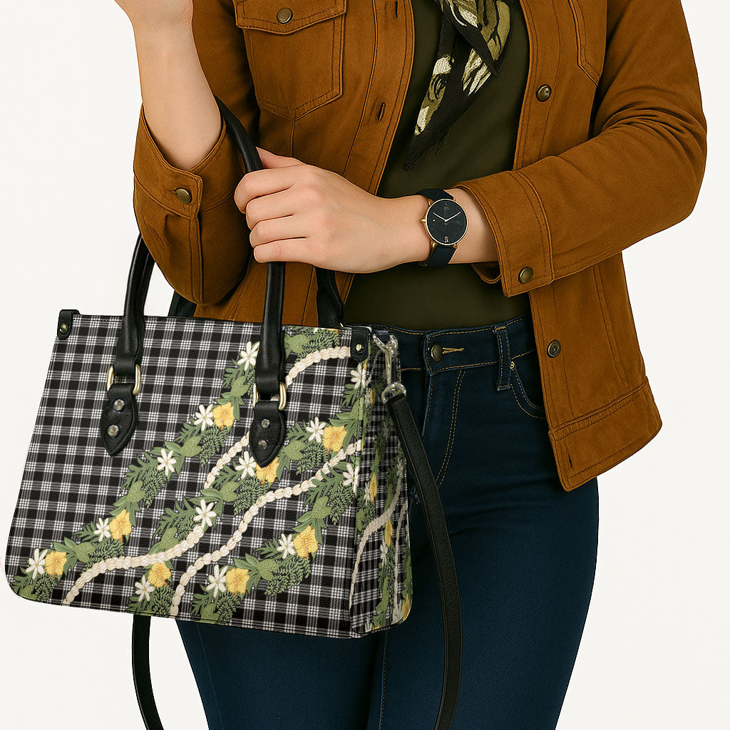 Aloha Puakenikeni Anthurium Pikake Lei Leather Bag Black Hawaiian Palaka Pattern LT9 - Polynesian Pride