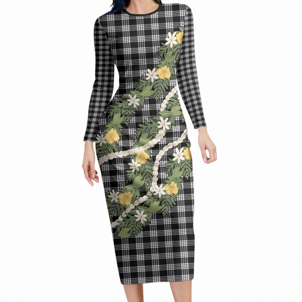 Aloha Puakenikeni Anthurium Pikake Lei Long Sleeve Bodycon Dress Black Hawaiian Palaka Pattern LT9 Long Dress Black - Polynesian Pride