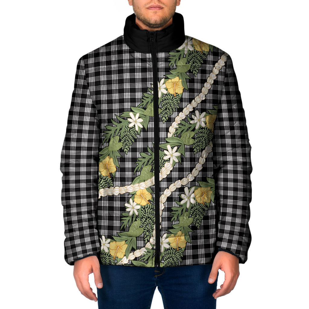 Aloha Puakenikeni Anthurium Pikake Lei Padded Jacket Black Hawaiian Palaka Pattern LT9 Men Black - Polynesian Pride