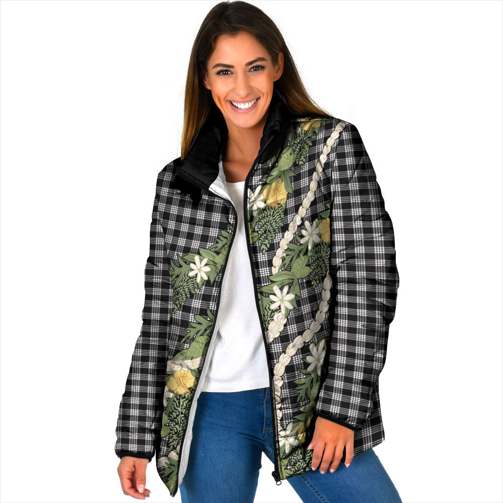 Aloha Puakenikeni Anthurium Pikake Lei Padded Jacket Black Hawaiian Palaka Pattern LT9 Women Black - Polynesian Pride