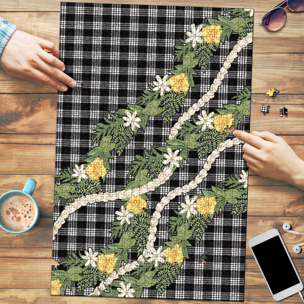 Aloha Puakenikeni Anthurium Pikake Lei Puzzle Black Hawaiian Palaka Pattern LT9 Black - Polynesian Pride