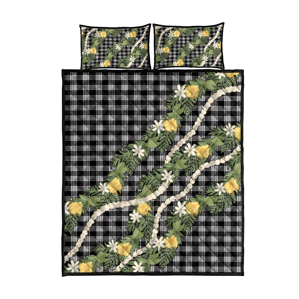 Aloha Puakenikeni Anthurium Pikake Lei Quilt Bed Set Black Hawaiian Palaka Pattern LT9 - Polynesian Pride
