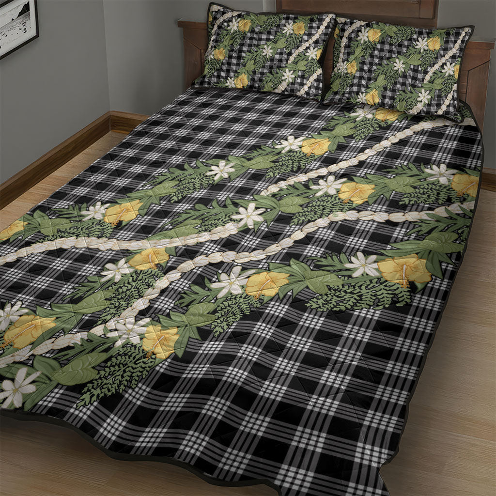 Aloha Puakenikeni Anthurium Pikake Lei Quilt Bed Set Black Hawaiian Palaka Pattern LT9 - Polynesian Pride