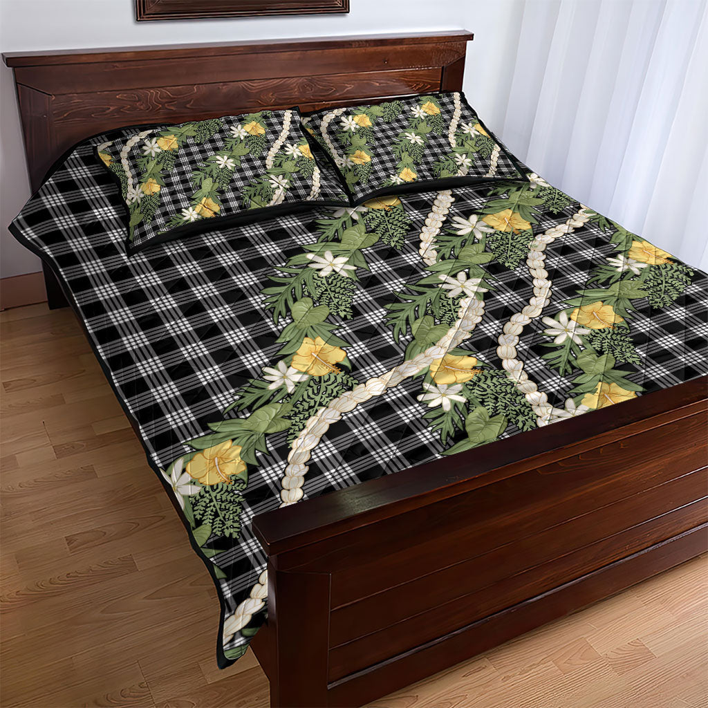 Aloha Puakenikeni Anthurium Pikake Lei Quilt Bed Set Black Hawaiian Palaka Pattern LT9 - Polynesian Pride