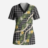 Aloha Puakenikeni Anthurium Pikake Lei Scrub Top Black Hawaiian Palaka Pattern LT9 Adult Black - Polynesian Pride