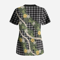 Aloha Puakenikeni Anthurium Pikake Lei Scrub Top Black Hawaiian Palaka Pattern LT9 - Polynesian Pride