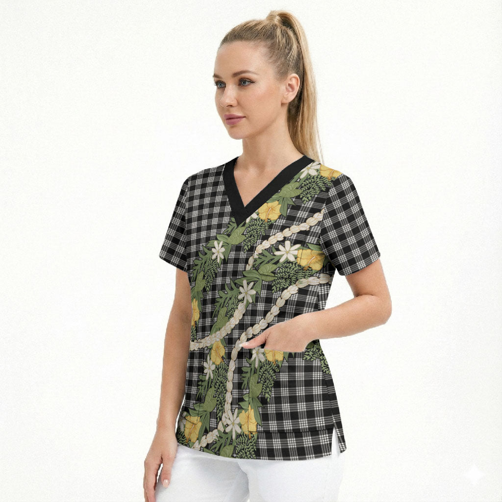 Aloha Puakenikeni Anthurium Pikake Lei Scrub Top Black Hawaiian Palaka Pattern LT9 - Polynesian Pride