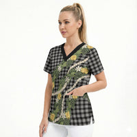 Aloha Puakenikeni Anthurium Pikake Lei Scrub Top Black Hawaiian Palaka Pattern LT9 - Polynesian Pride