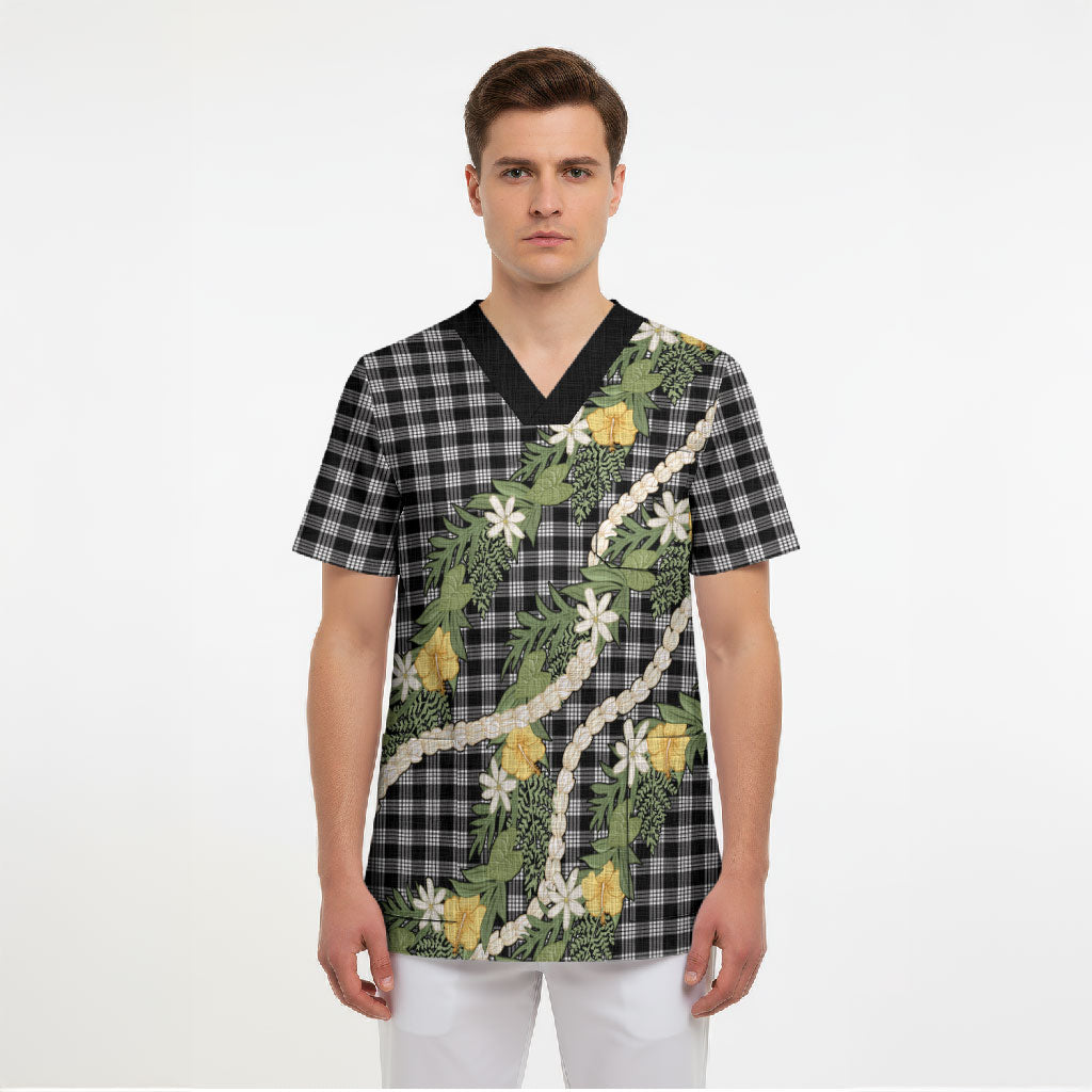 Aloha Puakenikeni Anthurium Pikake Lei Scrub Top Black Hawaiian Palaka Pattern LT9 - Polynesian Pride