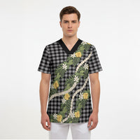 Aloha Puakenikeni Anthurium Pikake Lei Scrub Top Black Hawaiian Palaka Pattern LT9 - Polynesian Pride