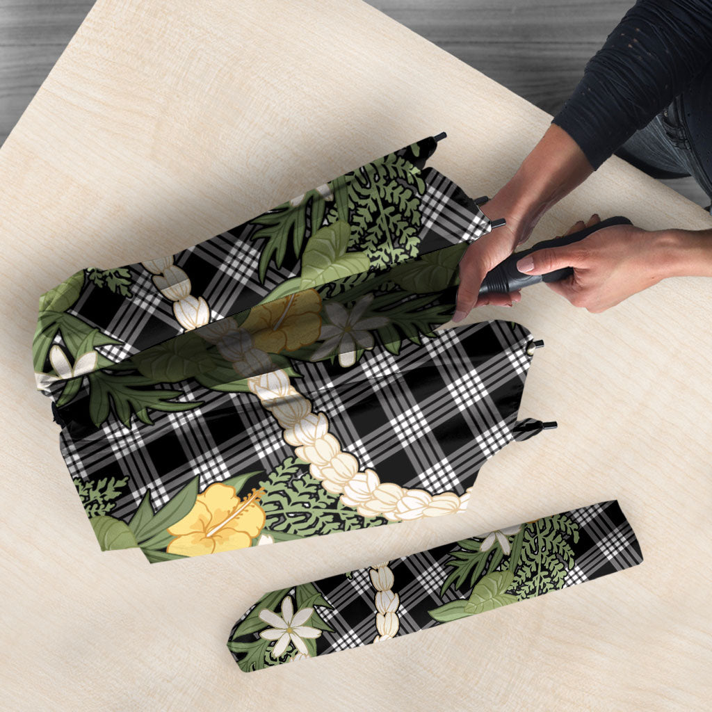 Aloha Puakenikeni Anthurium Pikake Lei Umbrella Black Hawaiian Palaka Pattern LT9 - Polynesian Pride