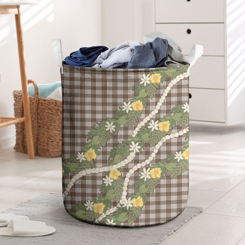 Aloha Puakenikeni Anthurium Pikake Lei Laundry Basket Chocolate Hawaiian Palaka Pattern LT9 Chocolate - Polynesian Pride