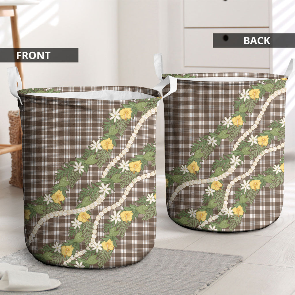 Aloha Puakenikeni Anthurium Pikake Lei Laundry Basket Chocolate Hawaiian Palaka Pattern LT9 - Polynesian Pride