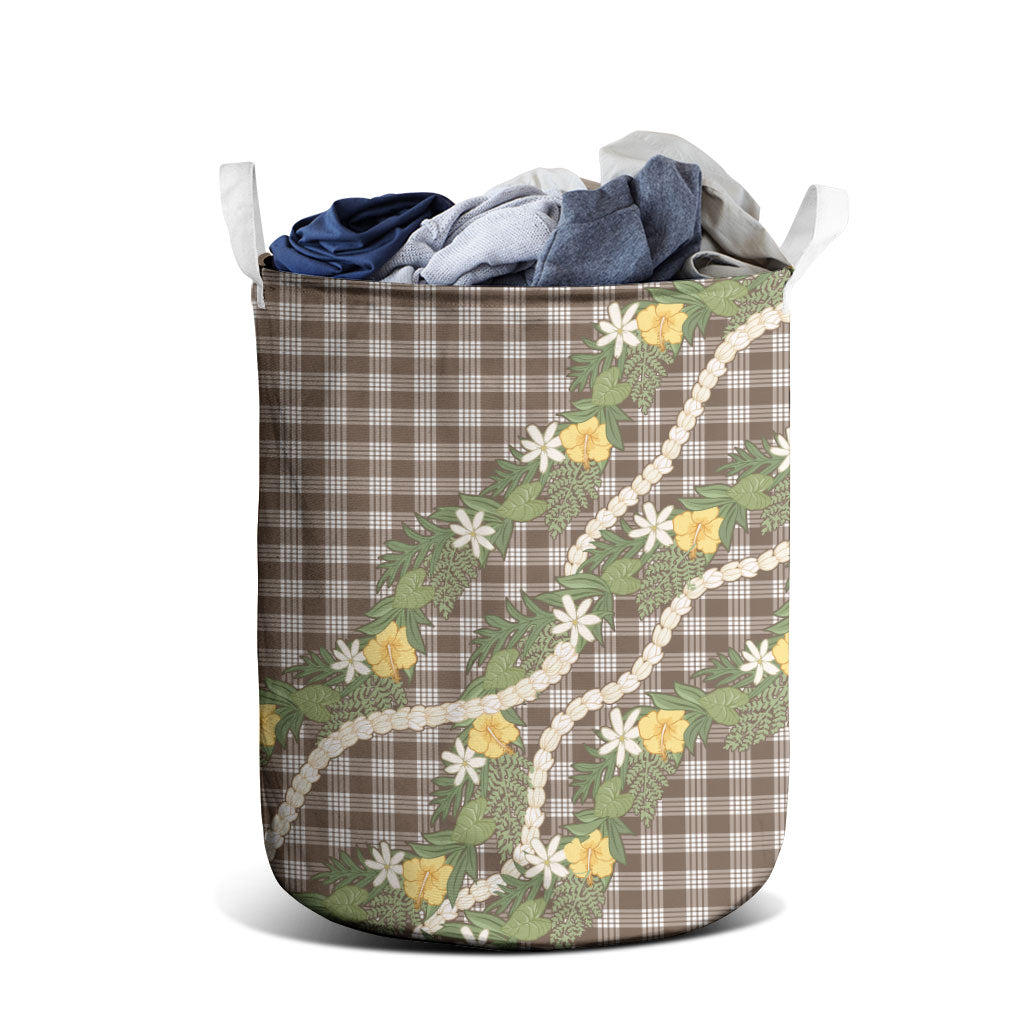 Aloha Puakenikeni Anthurium Pikake Lei Laundry Basket Chocolate Hawaiian Palaka Pattern LT9 - Polynesian Pride