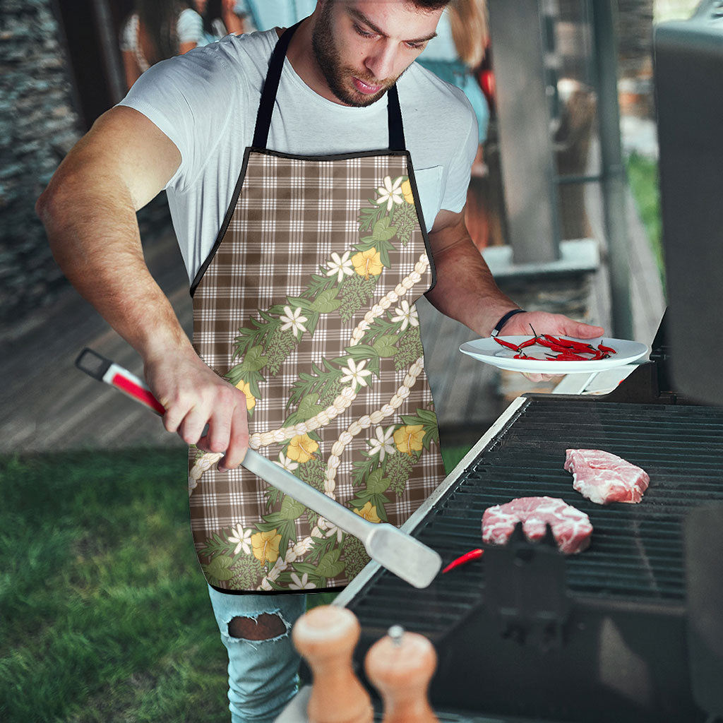 Aloha Puakenikeni Anthurium Pikake Lei Apron Chocolate Hawaiian Palaka Pattern LT9 - Polynesian Pride