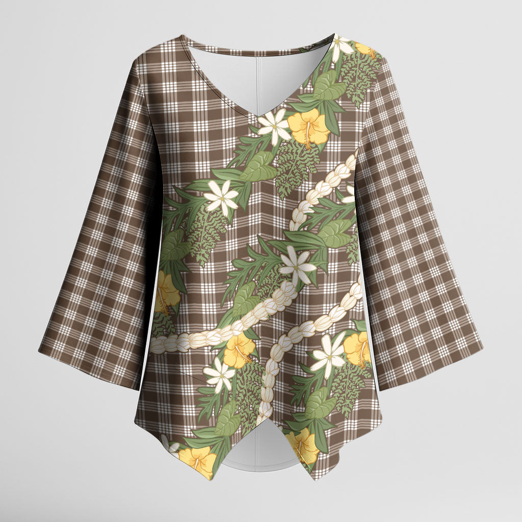 Aloha Puakenikeni Anthurium Pikake Lei Kimono Sleeve Blouse Chocolate Hawaiian Palaka Pattern LT9 Female Chocolate - Polynesian Pride