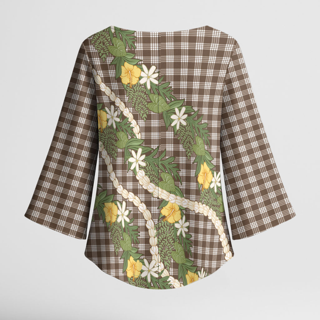 Aloha Puakenikeni Anthurium Pikake Lei Kimono Sleeve Blouse Chocolate Hawaiian Palaka Pattern LT9 - Polynesian Pride