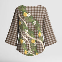 Aloha Puakenikeni Anthurium Pikake Lei Kimono Sleeve Blouse Chocolate Hawaiian Palaka Pattern LT9 - Polynesian Pride