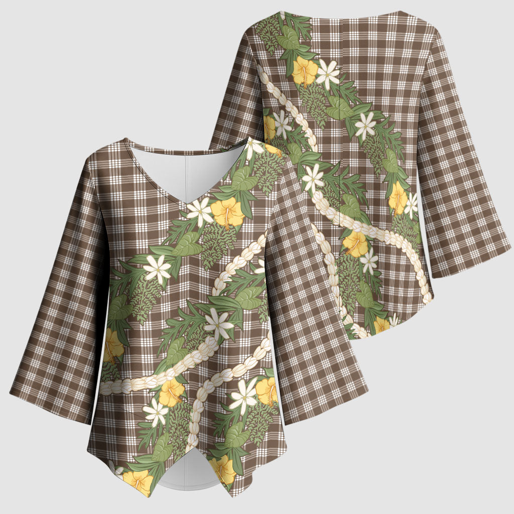 Aloha Puakenikeni Anthurium Pikake Lei Kimono Sleeve Blouse Chocolate Hawaiian Palaka Pattern LT9 - Polynesian Pride
