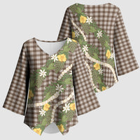 Aloha Puakenikeni Anthurium Pikake Lei Kimono Sleeve Blouse Chocolate Hawaiian Palaka Pattern LT9 - Polynesian Pride