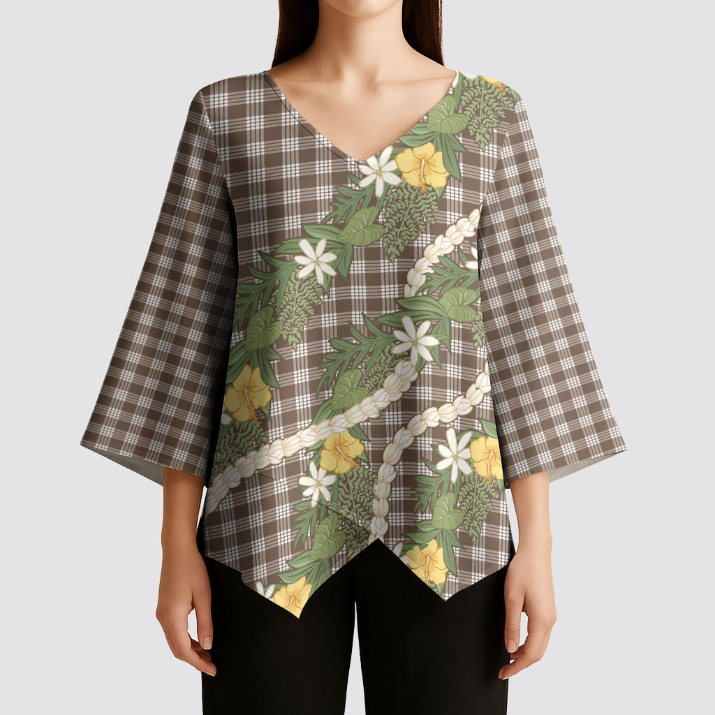 Aloha Puakenikeni Anthurium Pikake Lei Kimono Sleeve Blouse Chocolate Hawaiian Palaka Pattern LT9 - Polynesian Pride
