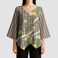Aloha Puakenikeni Anthurium Pikake Lei Kimono Sleeve Blouse Chocolate Hawaiian Palaka Pattern LT9 - Polynesian Pride