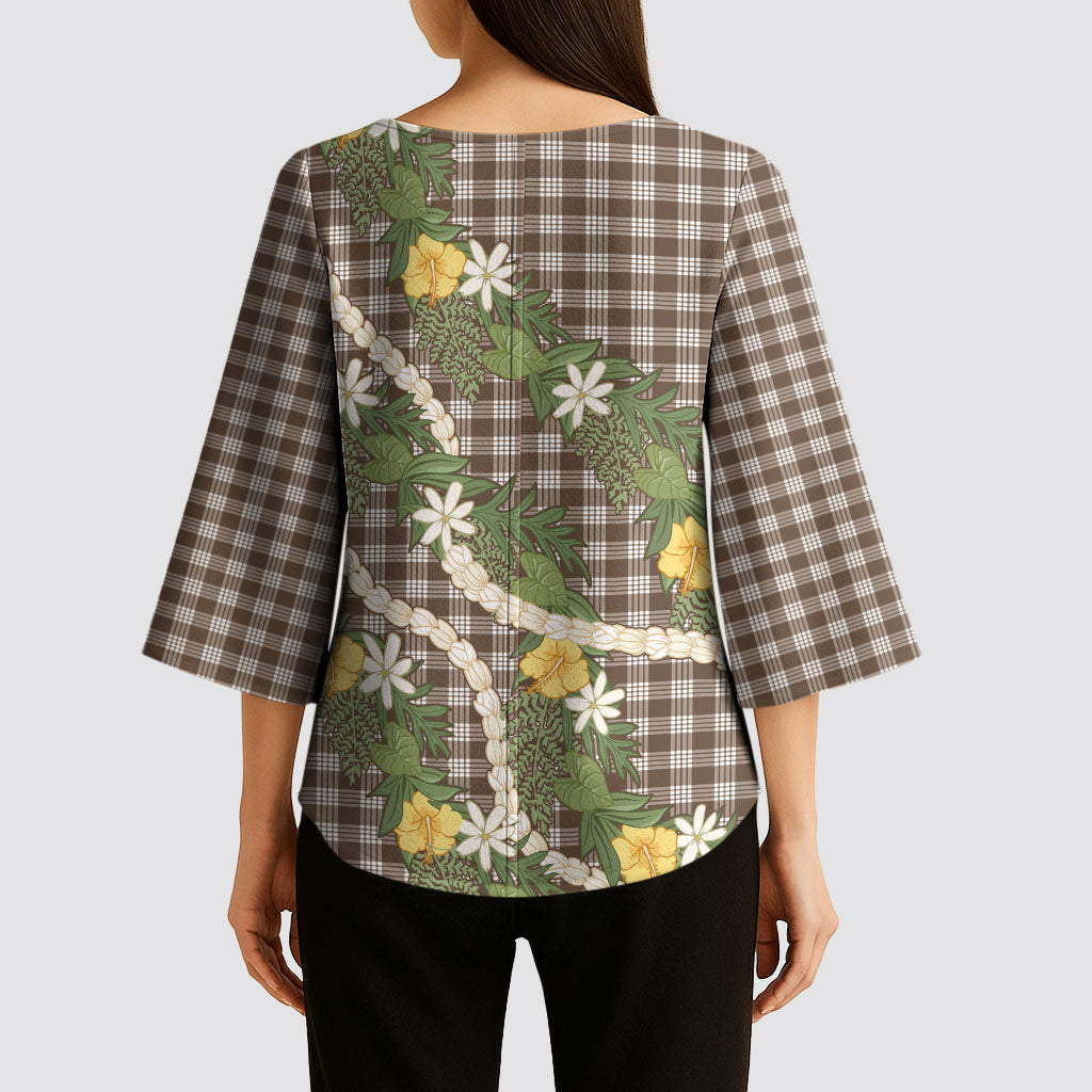 Aloha Puakenikeni Anthurium Pikake Lei Kimono Sleeve Blouse Chocolate Hawaiian Palaka Pattern LT9 - Polynesian Pride