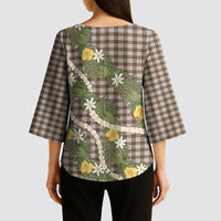 Aloha Puakenikeni Anthurium Pikake Lei Kimono Sleeve Blouse Chocolate Hawaiian Palaka Pattern LT9 - Polynesian Pride