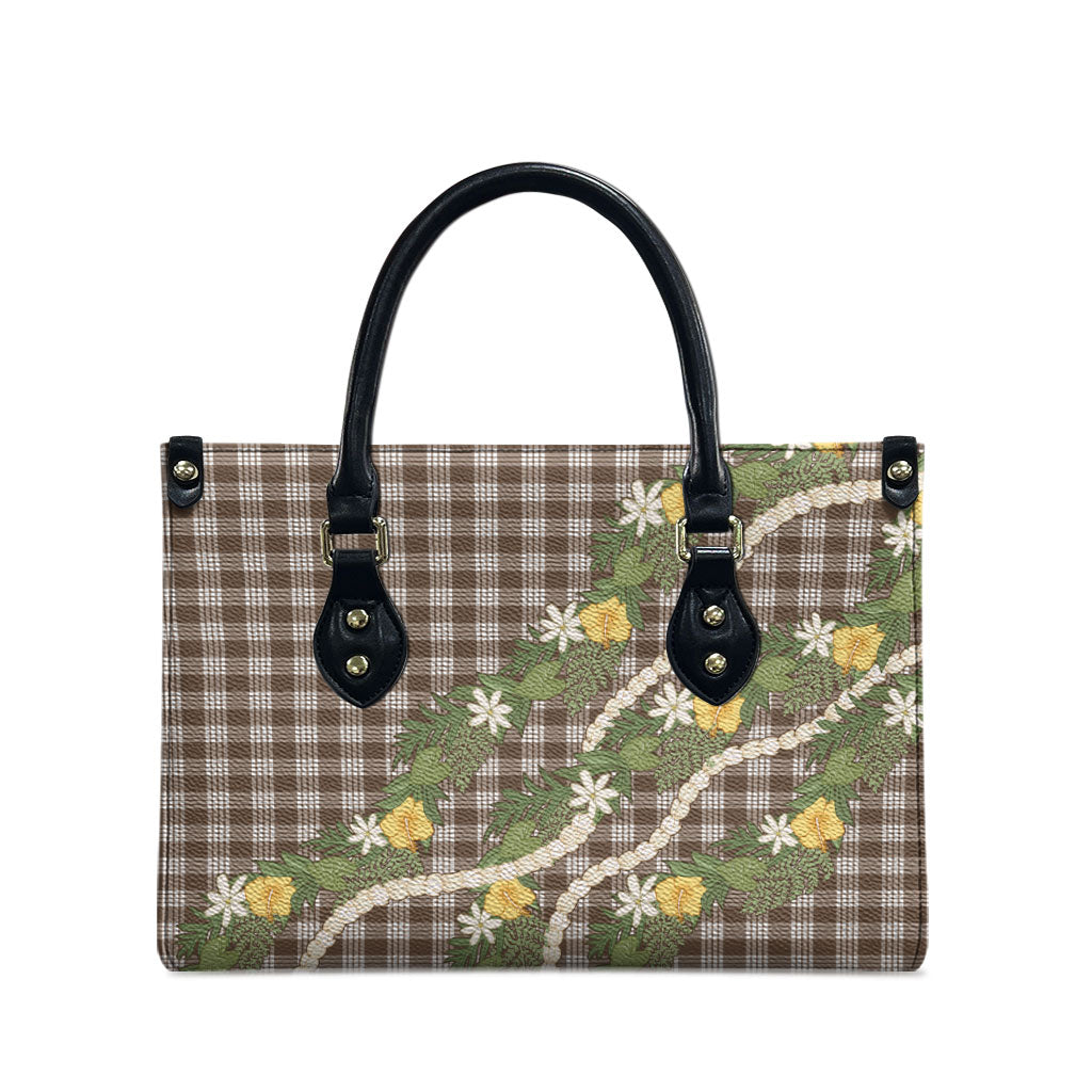 Aloha Puakenikeni Anthurium Pikake Lei Leather Bag Chocolate Hawaiian Palaka Pattern LT9 - Polynesian Pride