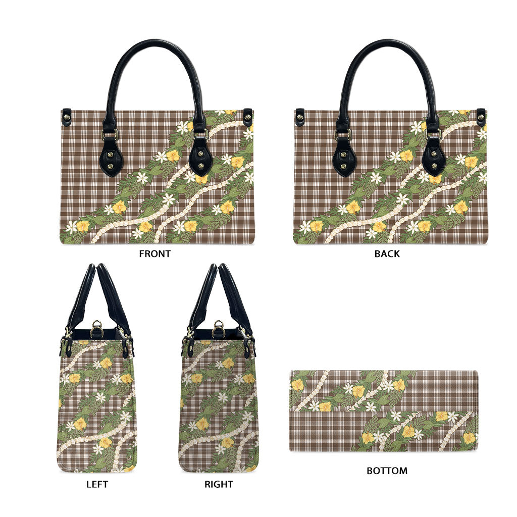 Aloha Puakenikeni Anthurium Pikake Lei Leather Bag Chocolate Hawaiian Palaka Pattern LT9 - Polynesian Pride