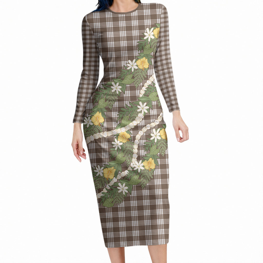 Aloha Puakenikeni Anthurium Pikake Lei Long Sleeve Bodycon Dress Chocolate Hawaiian Palaka Pattern LT9 Long Dress Chocolate - Polynesian Pride