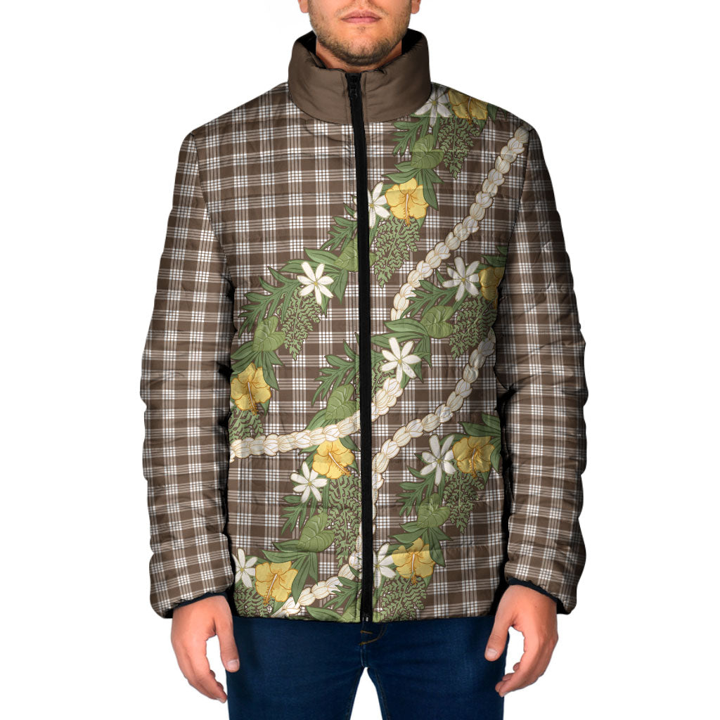Aloha Puakenikeni Anthurium Pikake Lei Padded Jacket Chocolate Hawaiian Palaka Pattern LT9 Men Chocolate - Polynesian Pride